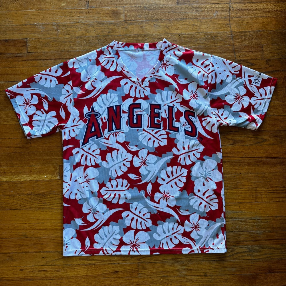 Los Angeles Angels MLB Hawaiian Jersey Shirt Red Floral Tropical Mesh Mens Large